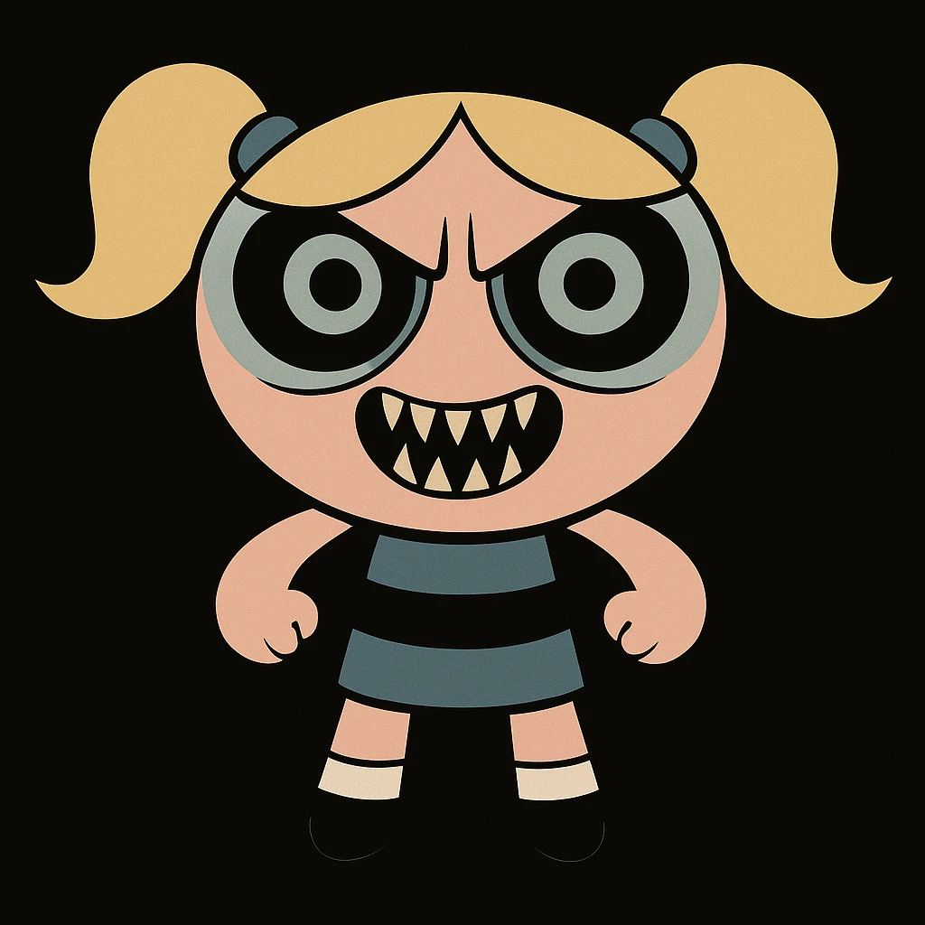 Make Bubbles from Powerpuff Girls even scarier, with a more menacing face, sharper teeth, and intense, creepy eyes, keeping her signature blue dress and pigtails, in a western adult animation cartoon style, black background. emoji