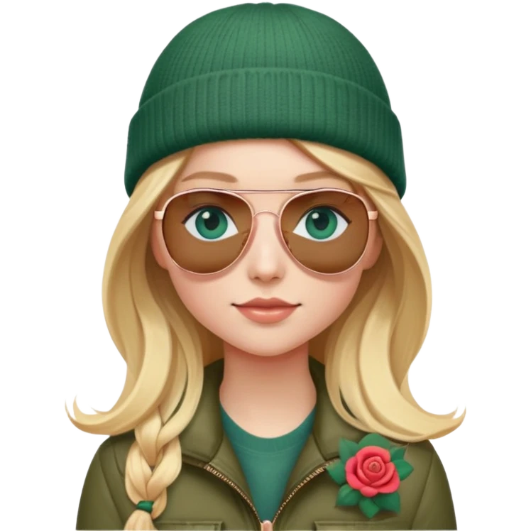 girl with long blond hair
with blue eyes
and aviator sunglasses
wearing beanie
wearing (rose gold apple watch with forest green band) emoji