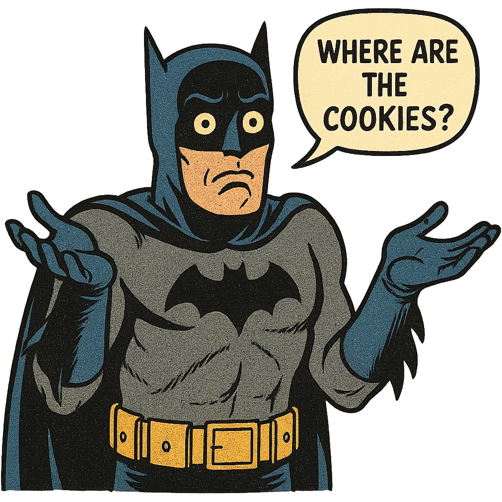 Batman with a puzzled expression, holding up his hands and asking, 'Where are the cookies?' in a comic style emoji
