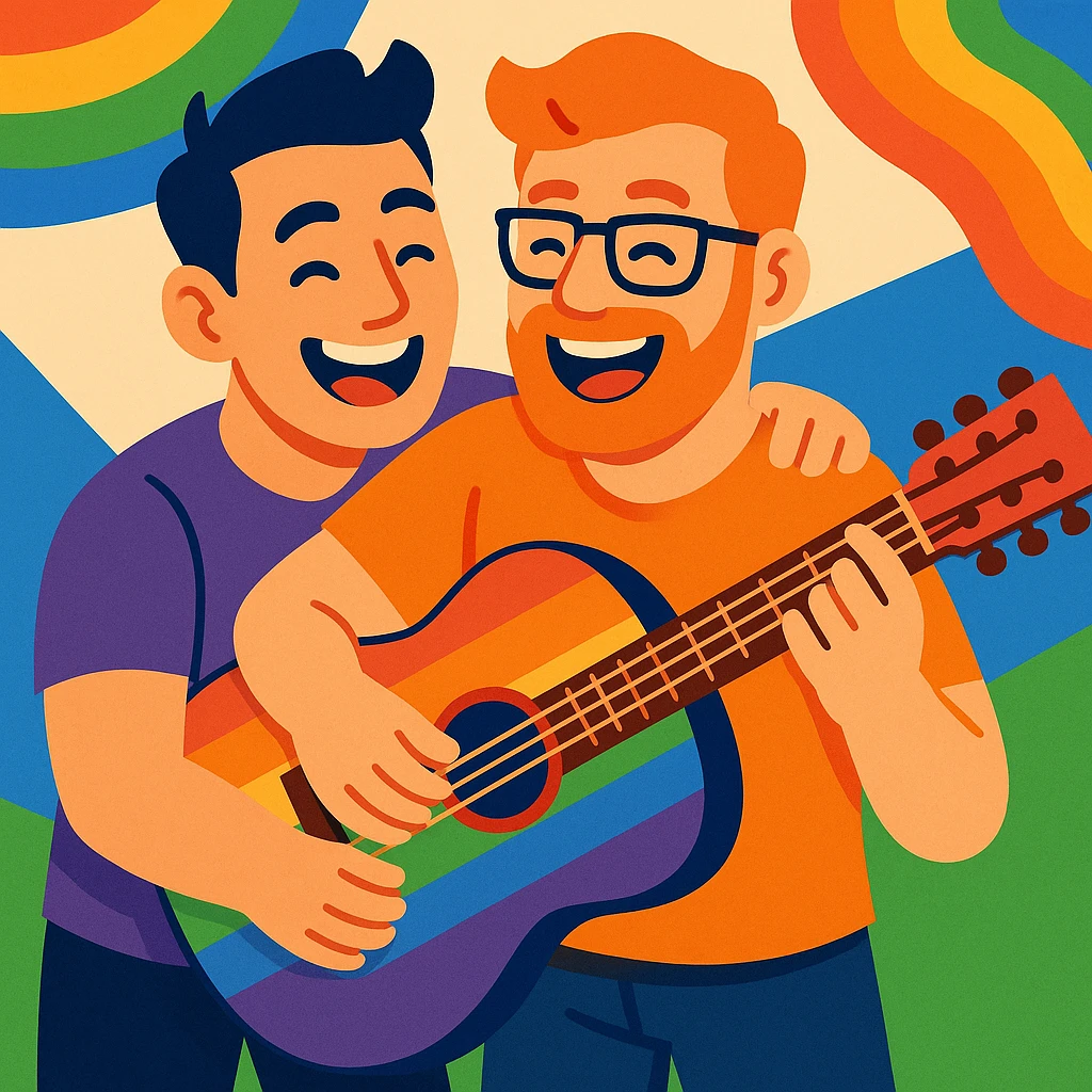 rainbow guitar being played by a joyful gay couple emoji