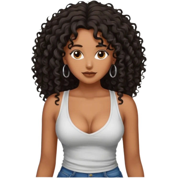 brown skinned lady with curly black hair long hair, messy, nice curves, busty, low cut tank top emoji