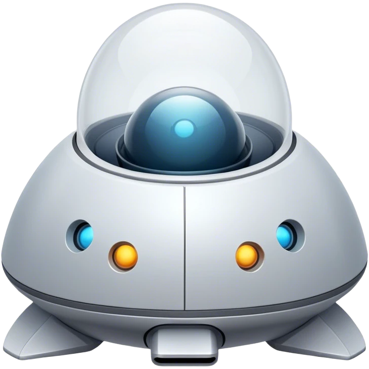 Design a simple, semi-realistic spaceship with a clean and minimalistic design. The ship should have a smooth, rounded shape with a few subtle mechanical details, like small thrusters or panels, but avoid overly complex or advanced features. Add a 'face' to the front of the ship using basic shapes, such as two circular lights for 'eyes' and a curved line or pattern for a 'smile,' giving it a friendly and approachable personality. The design should feel functional yet charming, as if the ship has its own character or consciousness. Use a plain, transparent background with no additional elements, focusing entirely on the ship. The lighting should be soft and even, highlighting the ship's 'face' and overall design. emoji