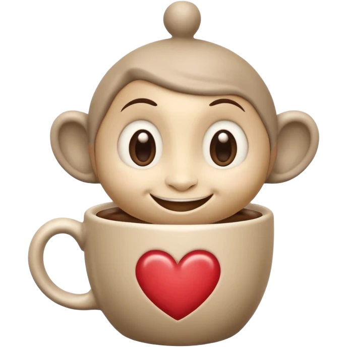 Ink wash style, coffee cup creature, big heart eyes, dopey smile emoji