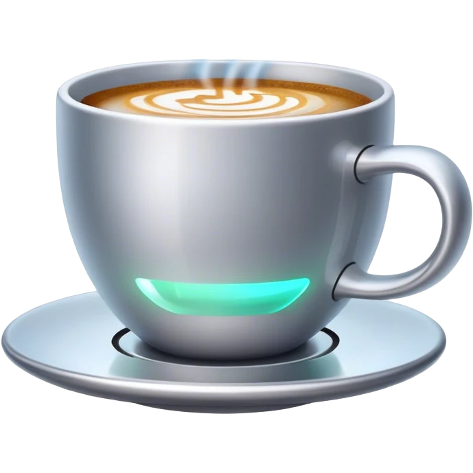 Emoji: A steaming cup of coffee, but instead of regular steam, there are glowing holographic binary codes (0101) rising from it. The mug has a sleek futuristic design, with a small glowing AI circuit on the side. Cyberpunk and modern aesthetics. emoji
