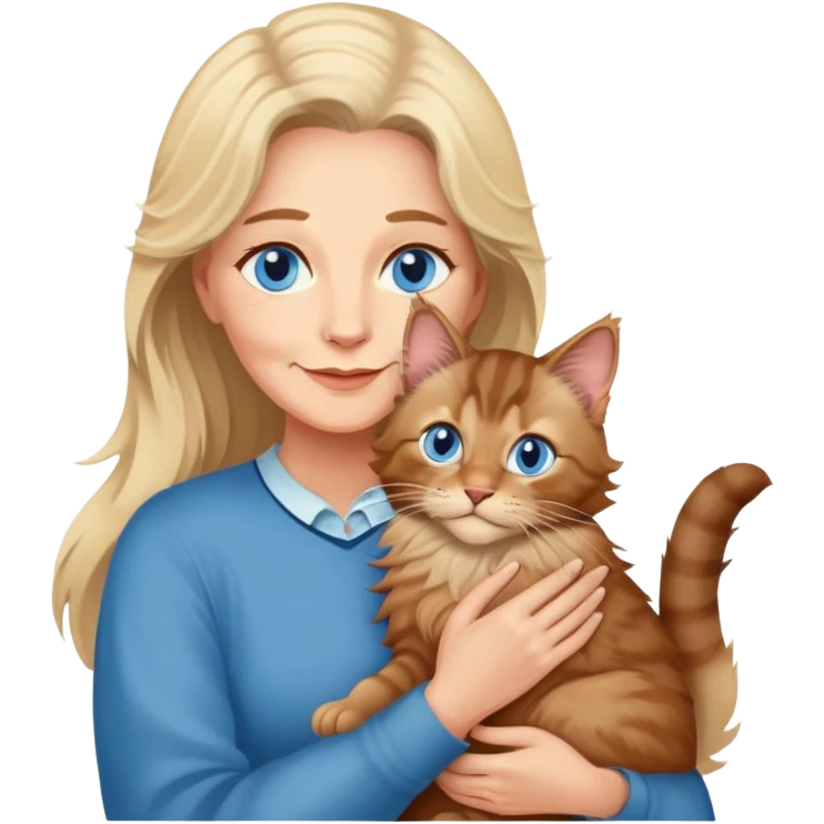 A blonde blue eyed older woman holds a brown Maine Coon cat in her arms emoji