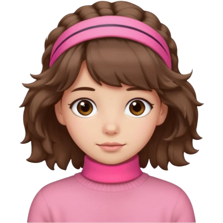 brown fluffy haired girl with pink turtleneck sweater and hair band emoji