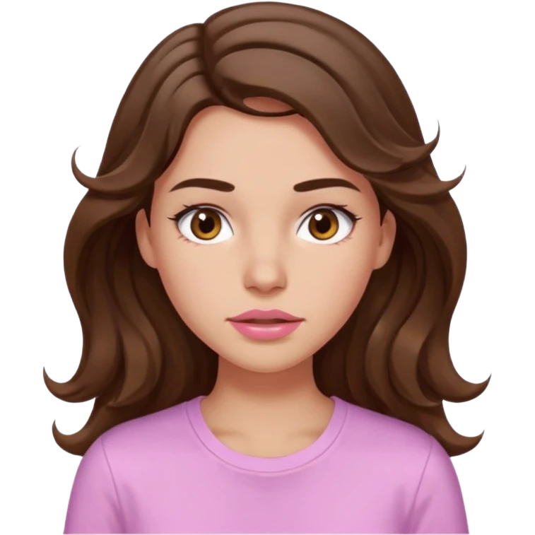 girl with wavy long brown hair, brown eyes, light to medium complexion, long lashes, light pink lipstick, wearing light pink shirt, sweating on the forehead emoji