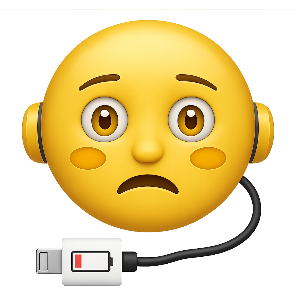 Add a charging cable to the dizzy face emoji with a low mobile battery. Keep the background transparent. Maintain the original style and expression of the emoji. emoji