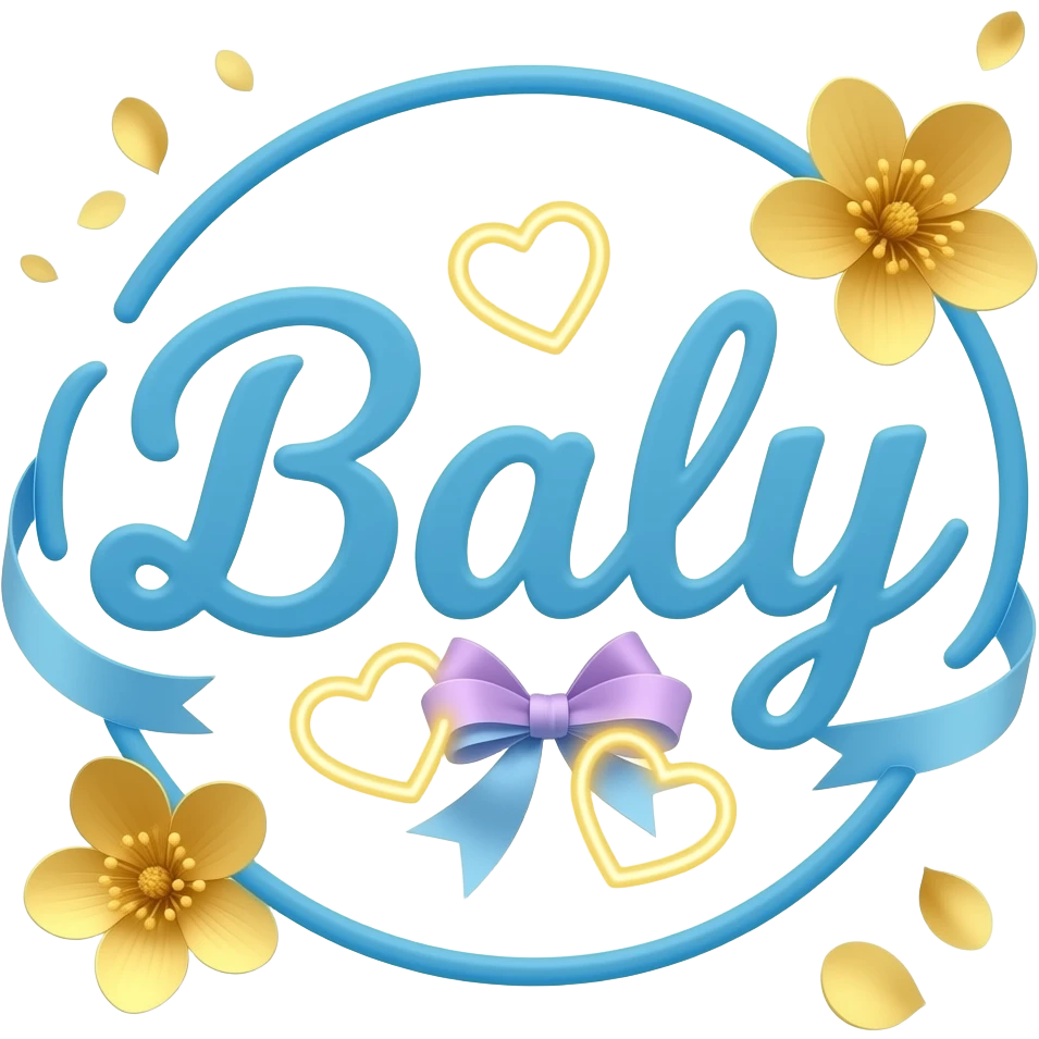 A sleek, sky blue text 'Baly' decorative symbols, adorned with satin ribbons and glowing neon-colorful hearts. Surrounded by floating golden blossom petals and golden bokeh. Vibrant, modern, and feminine with a cinematic glow emoji