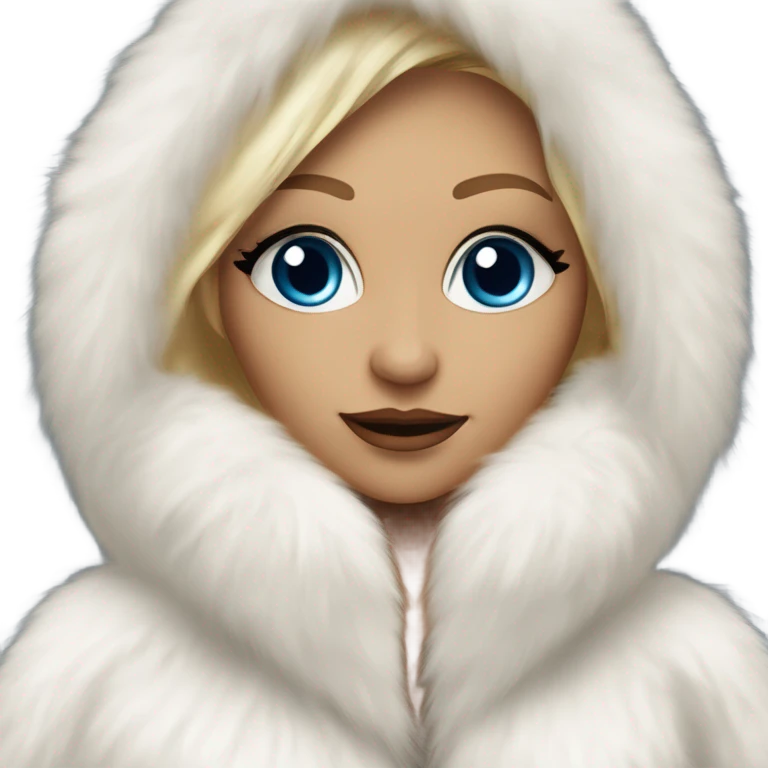 Tanned Girl with lashes and blue eyes, blonde hair, in a extremely big fluffy oversized white fur coat with hood on. The fur is real and it’s very obvious big and fluffy  emoji