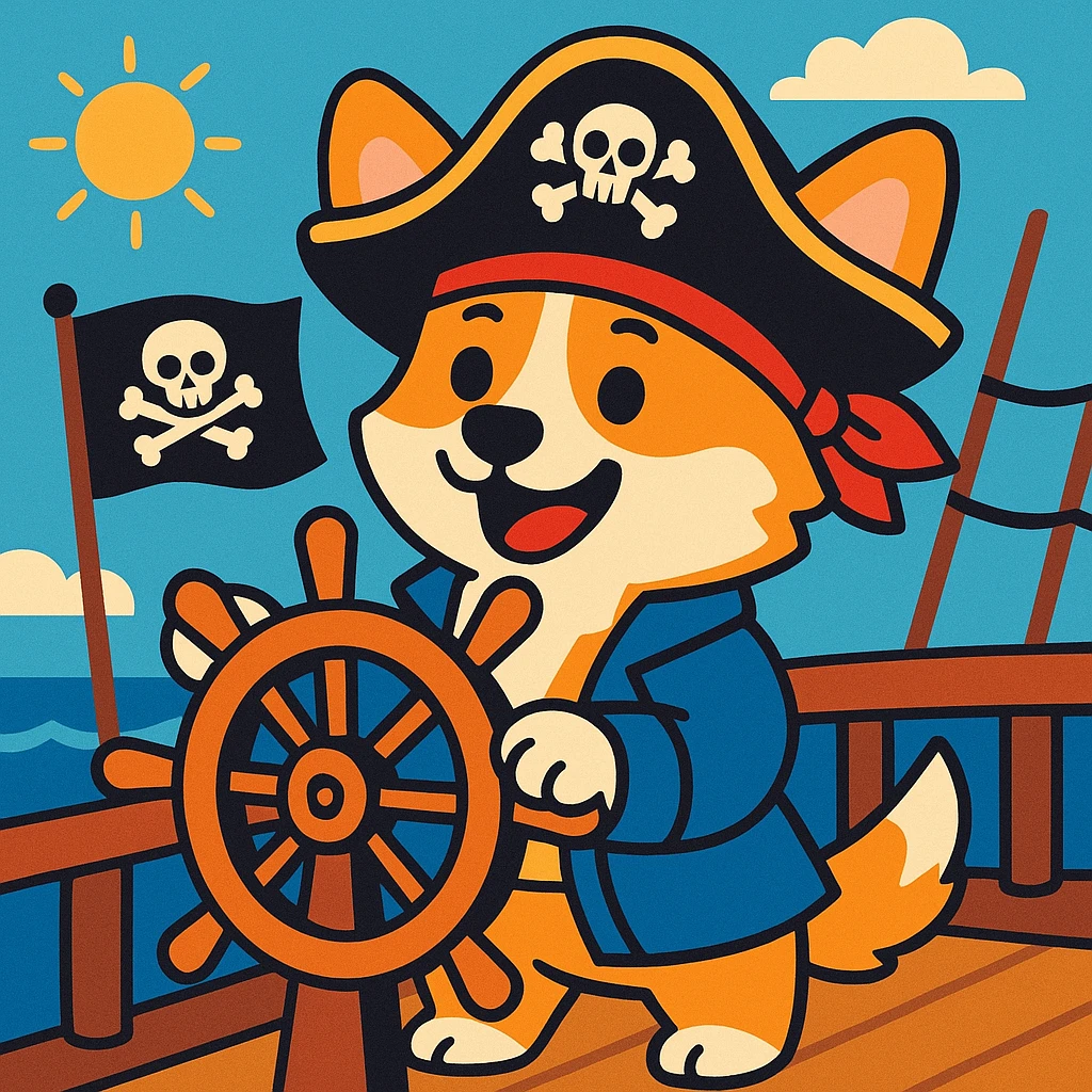 cartoon pirate corgi steering a ship's wheel on a pirate ship emoji