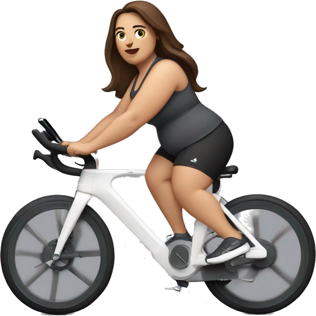 plus size white woman with medium length straight brown hair and dark brown eyes riding an exercise bike emoji