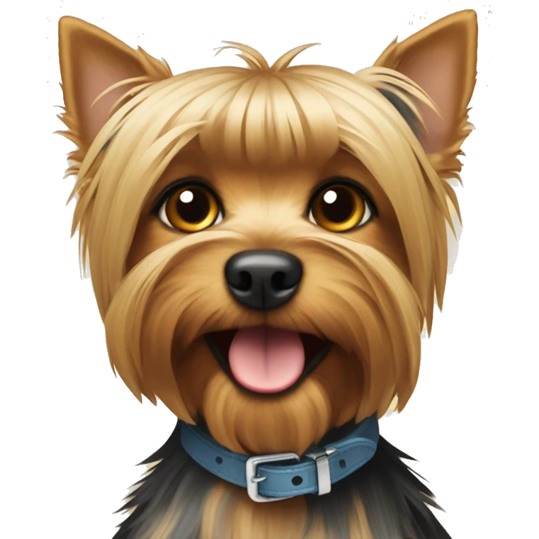 Yorkshire terrier with a collar that says the letters NM emoji