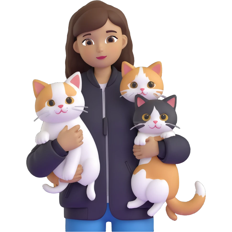 Light-skinned girl with brown straight hair wearing a black jacket, holding one completely white cat and one calico cat emoji