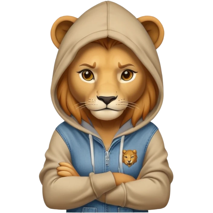 determined anthropomorphised female lion in a hoodie and jeans with arms folded, energetic pose emoji