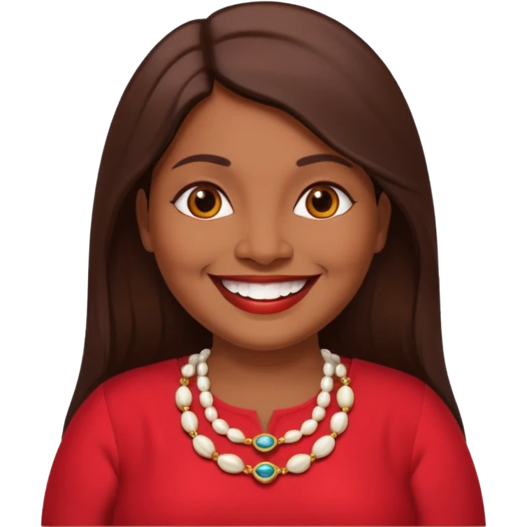 50 yr old chubby Sri Lankan woman, dark skin, straight brown hair, big smile, white teeth, red dress clothes, longer hair straight, big teeth emoji
