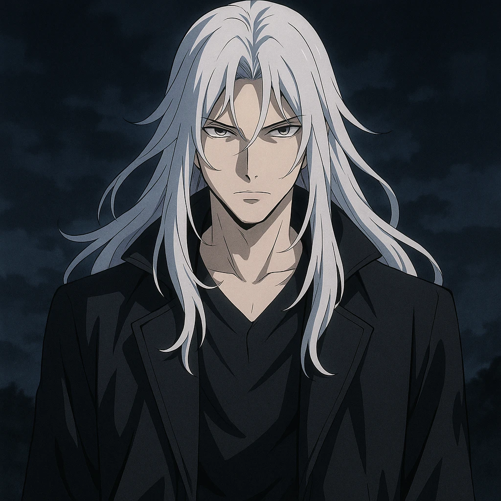 anime style male character with long white hair, mysterious vibe emoji