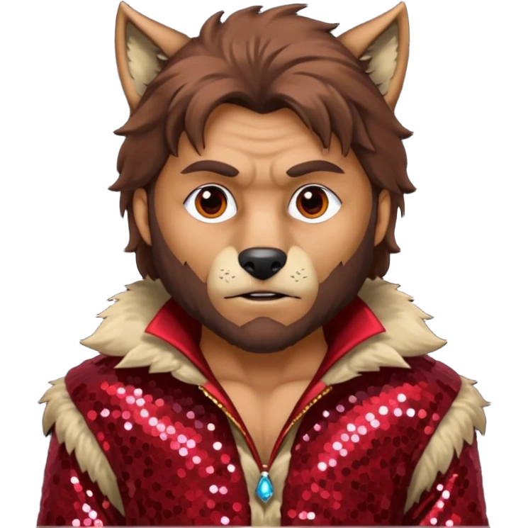 The Wolf Man with tan skin brown hair and fur, dark red sequin outfit emoji