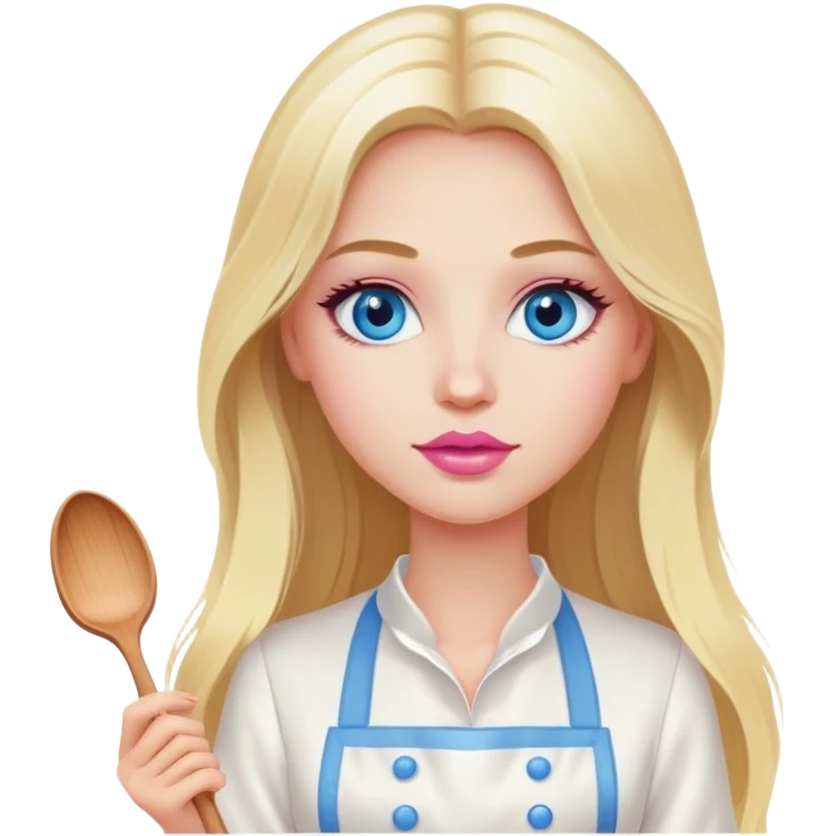Cinematic realistic beautiful blonde with long hair, blue eyes and pink lips in a white dress cooks emoji