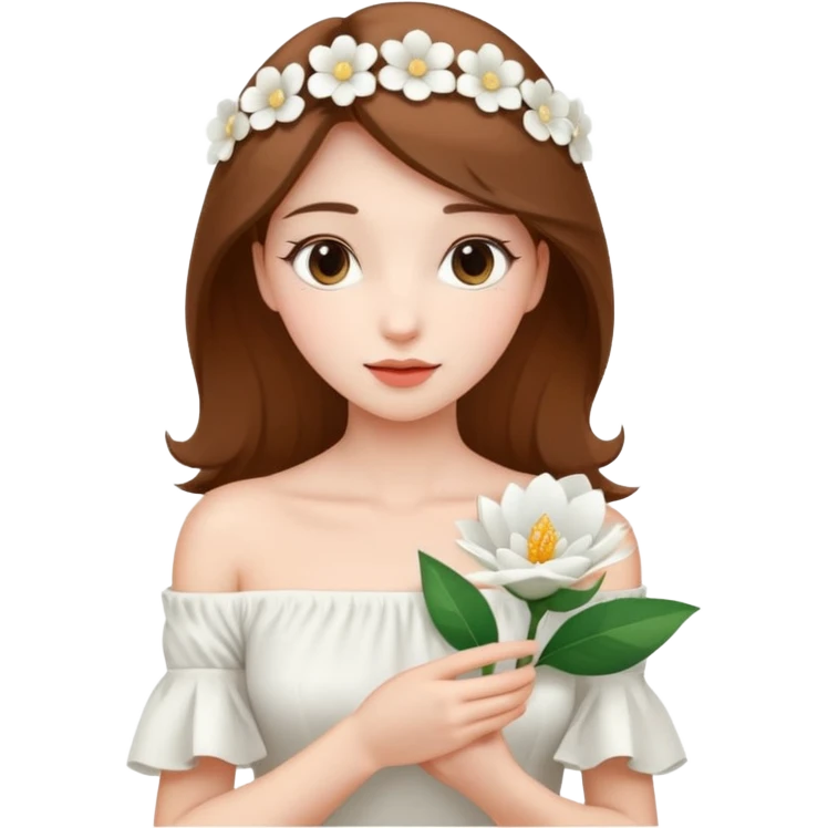 Pretty lady wearing a white silky off-the-shoulder folded neckline and holding a white flower on her right hand emoji