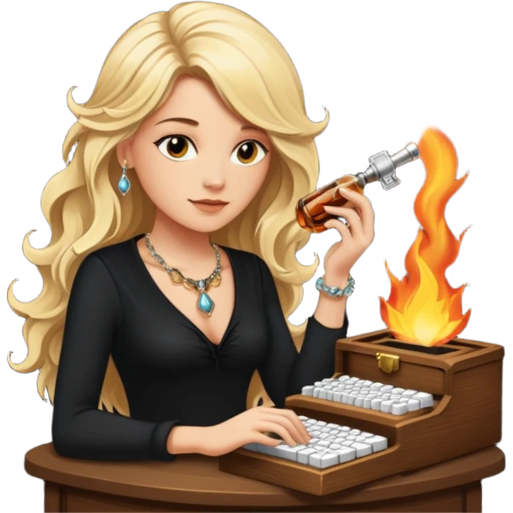 A sketchnote illustration rendered in a strong moody style, featuring a blonde woman with cascading gorgeous hair, a keyboard, a whiskey bottle, a key, a jewelry box, and fire elements against a black background. The lighting is low with low contrast, emphasizing dramatic shadows. emoji