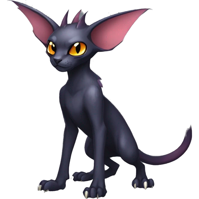 Black cool vampiric Noivern-Litten-Sphynx-Lykoi-Caracal-Fakemon with big bat ears full-body emoji