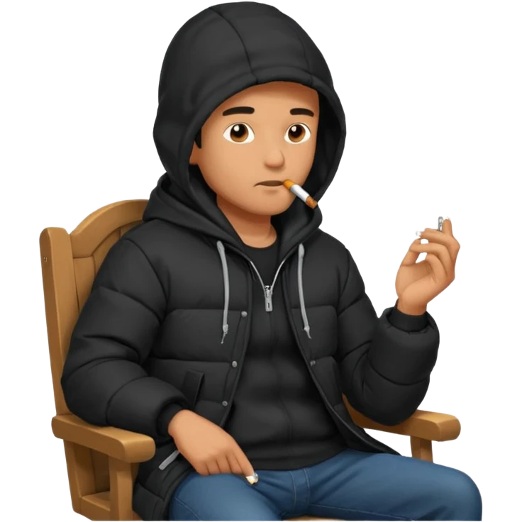 A man sitting on a chair, wearing a black puffed coat with hood, hands in his pocket, smoking a cigaret, he is on a chair i emoji