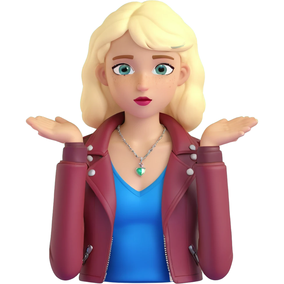 14-year-old girl with choppy blonde layers, armpit length, shortest at mouth, middle part, light freckles, blue eyes, defined cupid's brow, fitted dark red top, brown leather jacket, necklaces emoji
