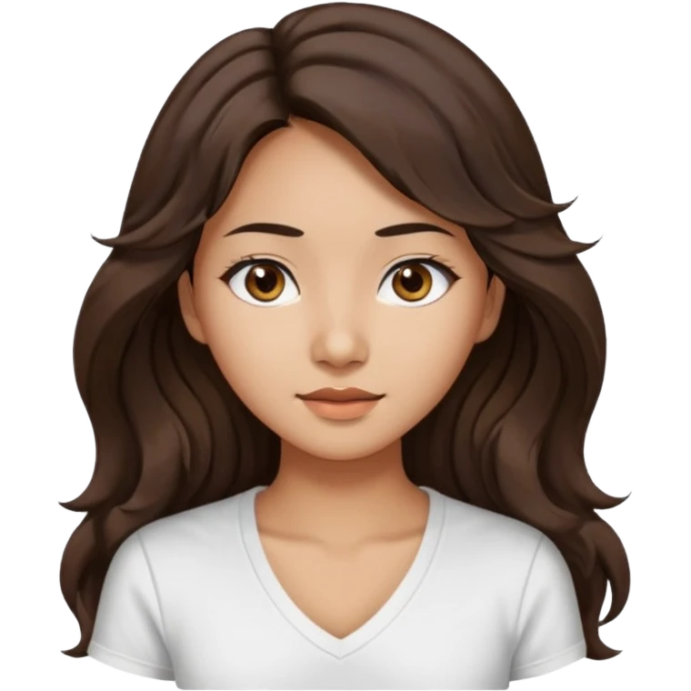 iOS style emoji. A girl with very long dark brown wavy hair. And the eyes color is dark brown. And she is wearing white t shirt with V kneck. And she is 30. She is Asian with double eyelids  emoji