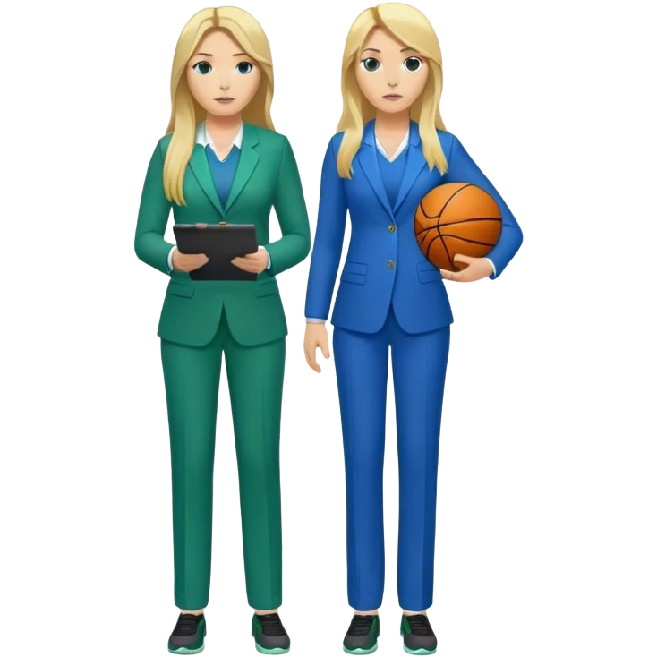 Full Body white plus size female basketball head coach using a clipboard with long blonde hair in a blue and green suit emoji
