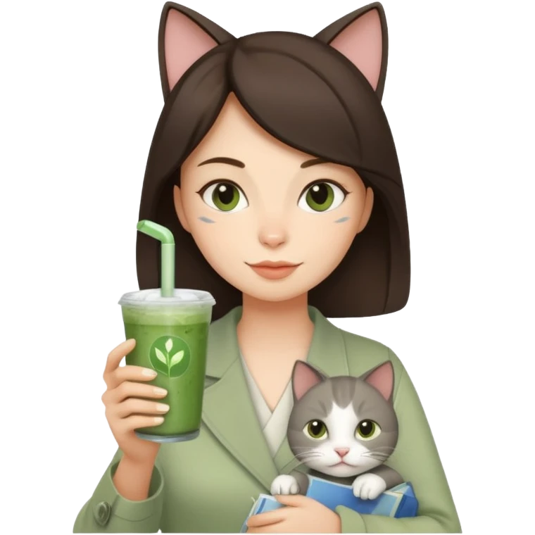 a brunette woman in here 30S drinking an iced matcha, carrying a grey cat and a map of the world emoji