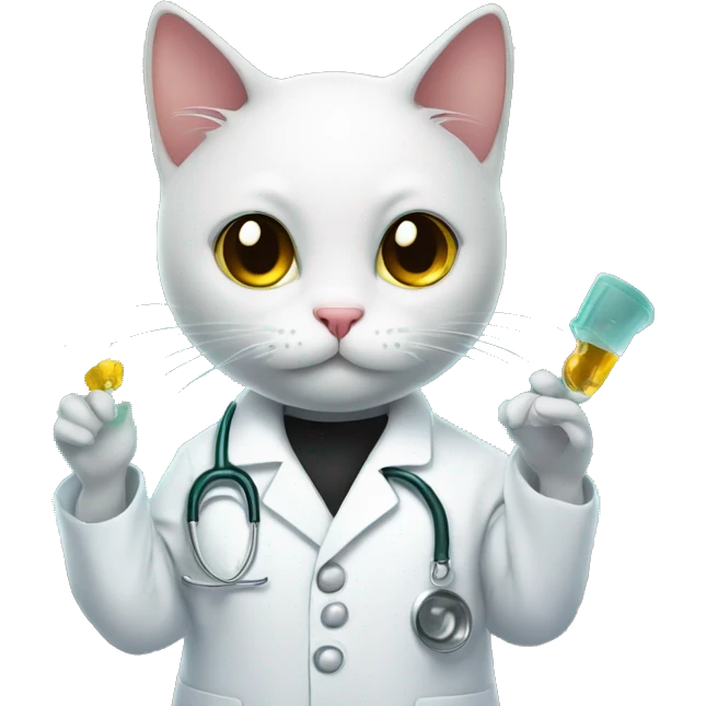 Black cat in lab coat with shocked expression holding a vial emoji