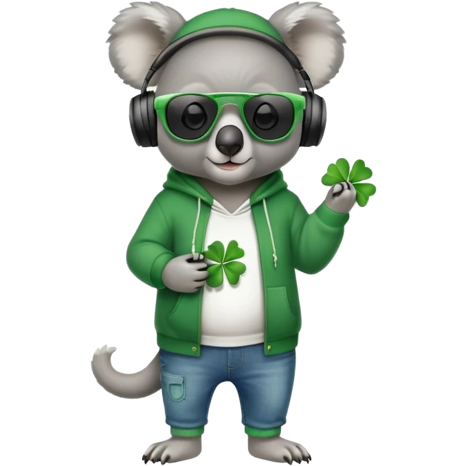 anthropomorphised koala, full body, wearing a hoodie and jeans, dark sunglasses, headphones, dressed for St. Patrick's Day, different pose emoji