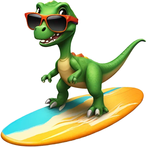 Dinosaur riding surf board with sunglasses emoji