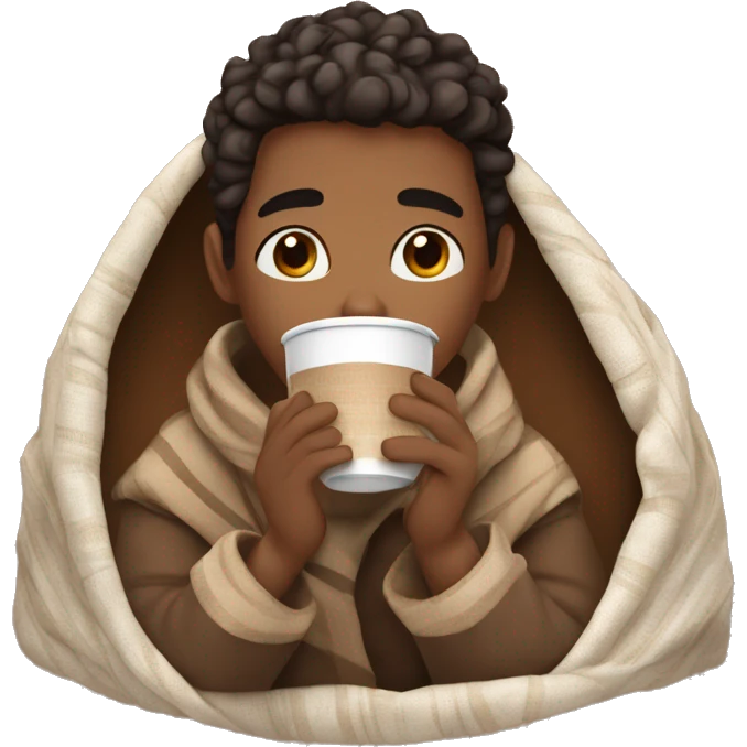 Brown skin tone male wrapped up in a woven blanket sipping hot chocolate  emoji