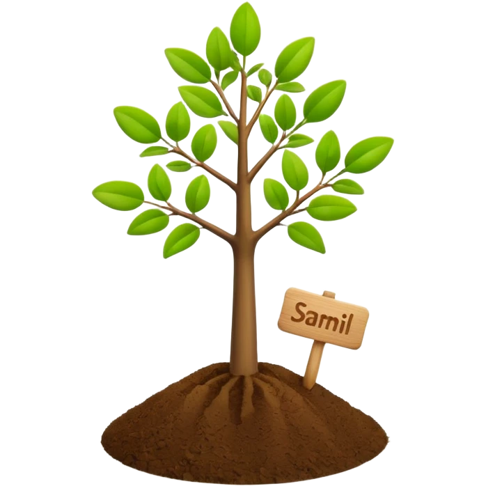 small green tree sapling with wooden name tag on soft soil, apple 3d emoji style emoji