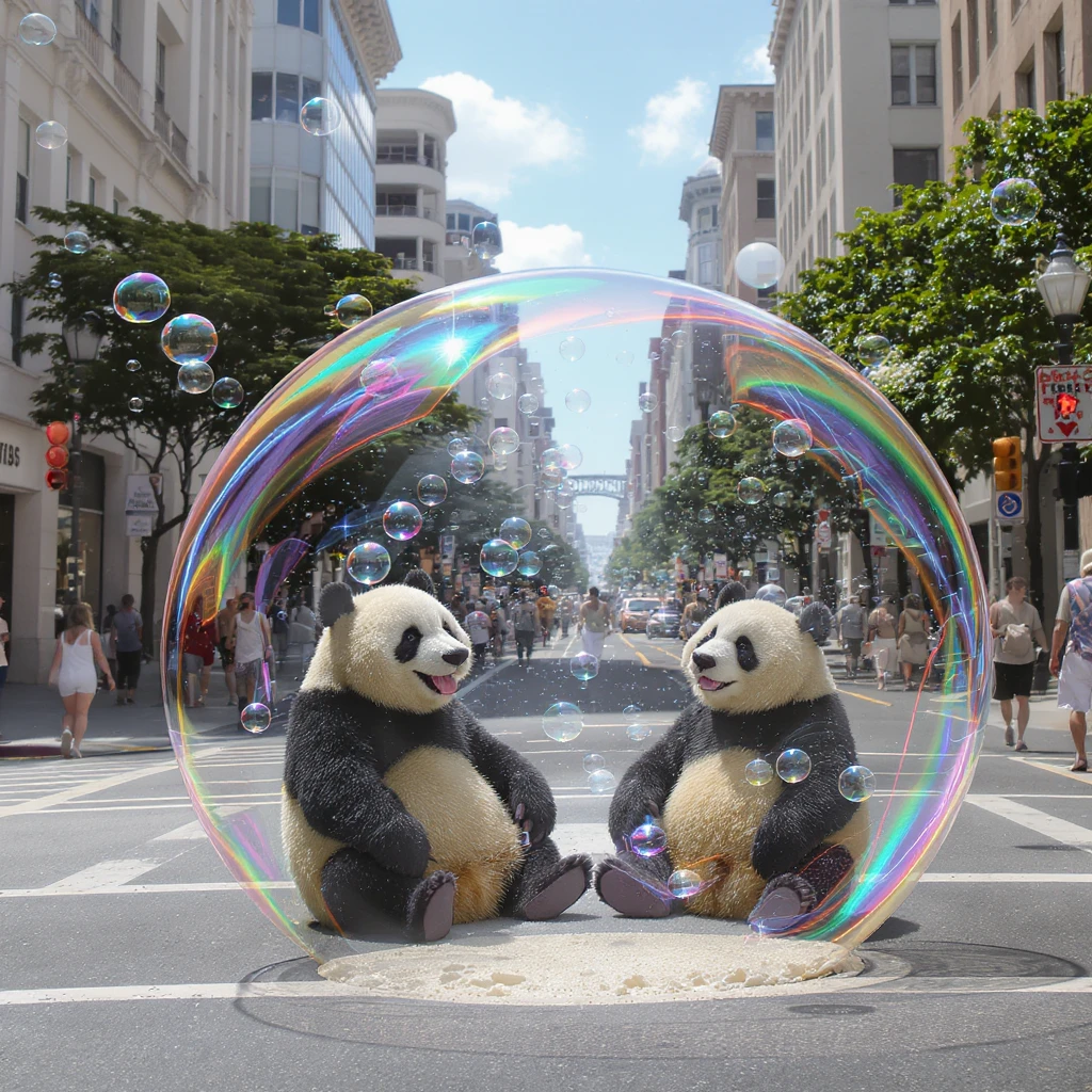 Cinematic still pandas bears sitting inside bubbles flying around San Francisco downtown, sunny summer day, happy vibe, colorfull surround, rainbow emoji