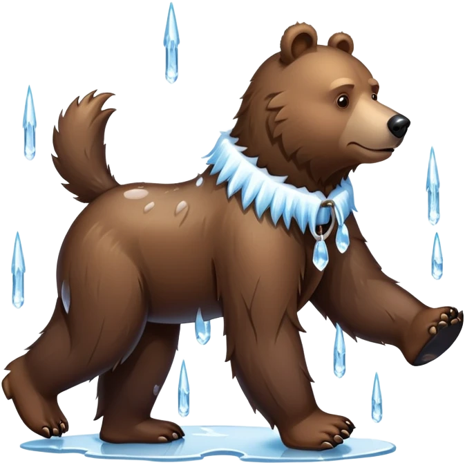 Natural looking brown bear walking on four paws, wearing a thick collar made of clear ice with sharp icicles dangling from it, like a large dog collar shape emoji