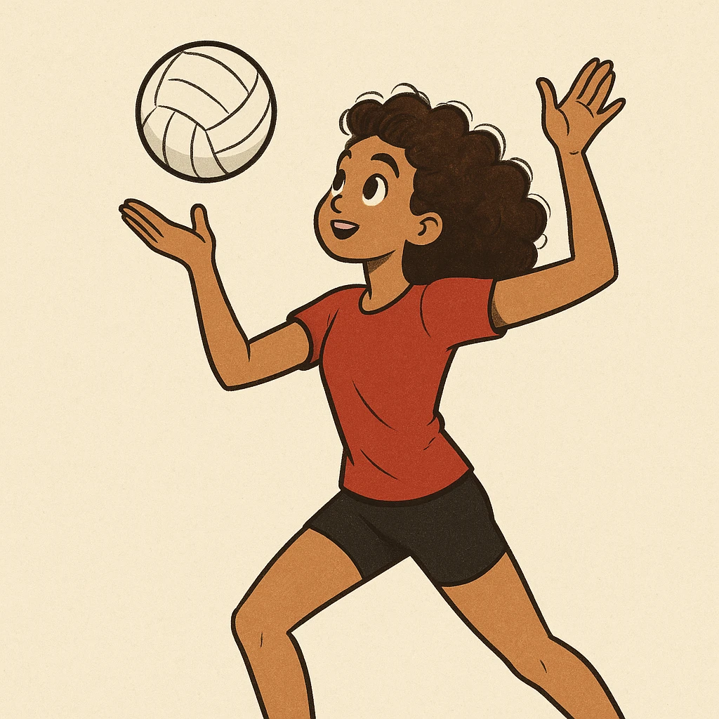 curly haired girl playing volleyball, serving the ball, simple background emoji