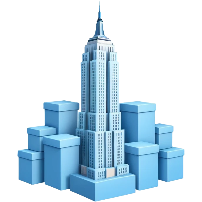 light blue Empire State Building with boxes stacked around, lively emoji