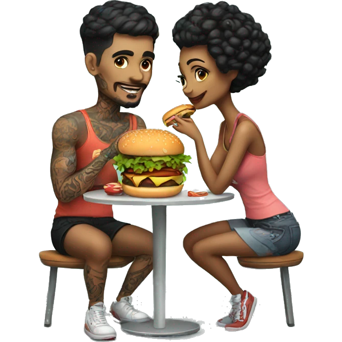 Beautiful tattooed couple eating burgers emoji