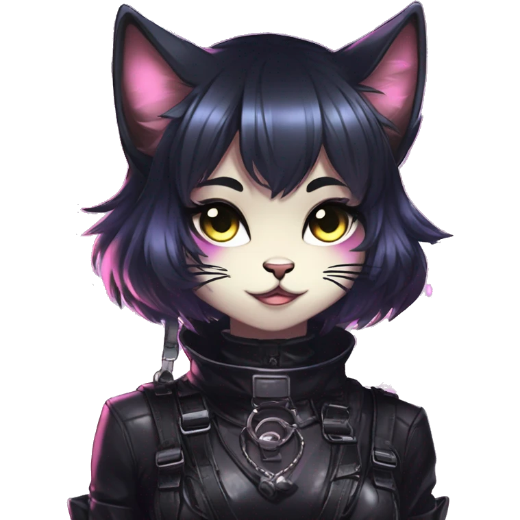 Gorgeous shiny epic magical gradient gothic dark techwear anime style anthro cat with blushing face aesthetic and pretty edgy black with collar and harness trending style emoji