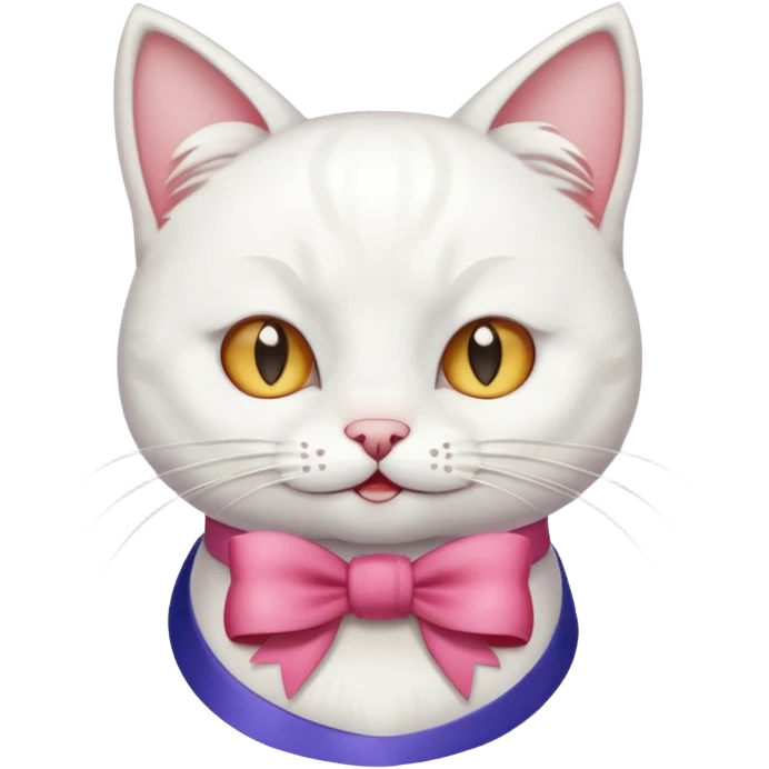 The face of a white cat with a bow and a wink.  emoji