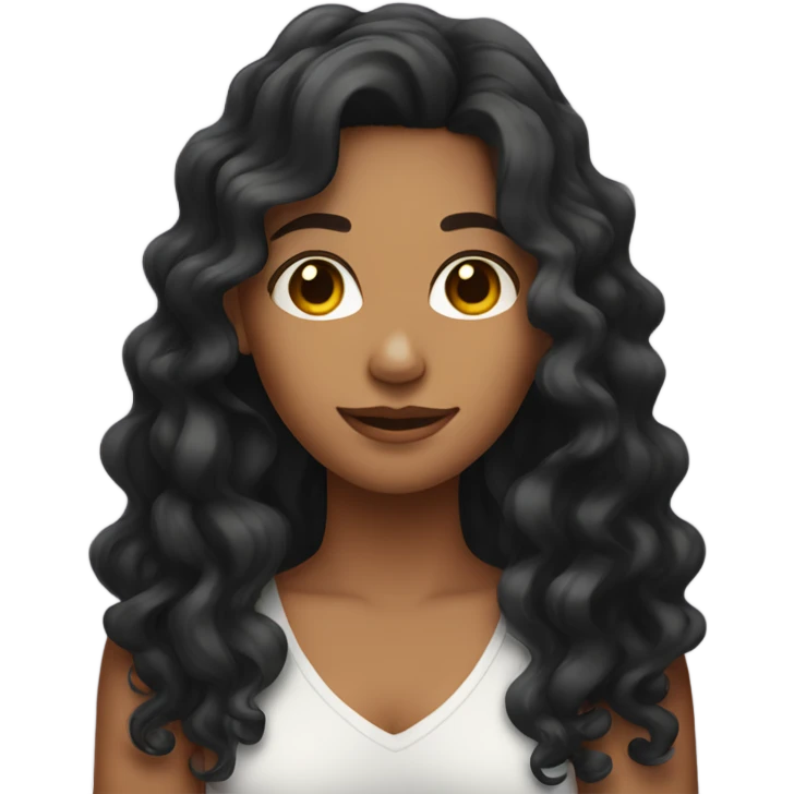 Tan girl with black long curly hair posing with hand in hair emoji
