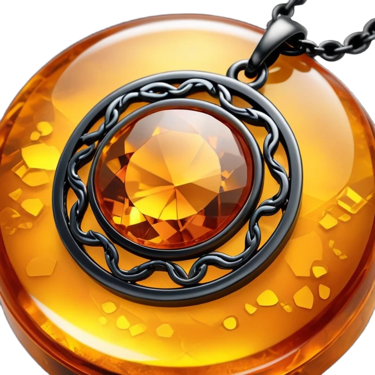 extreme close up of a round cut holographic amber charm with black metal accent and black chain emoji