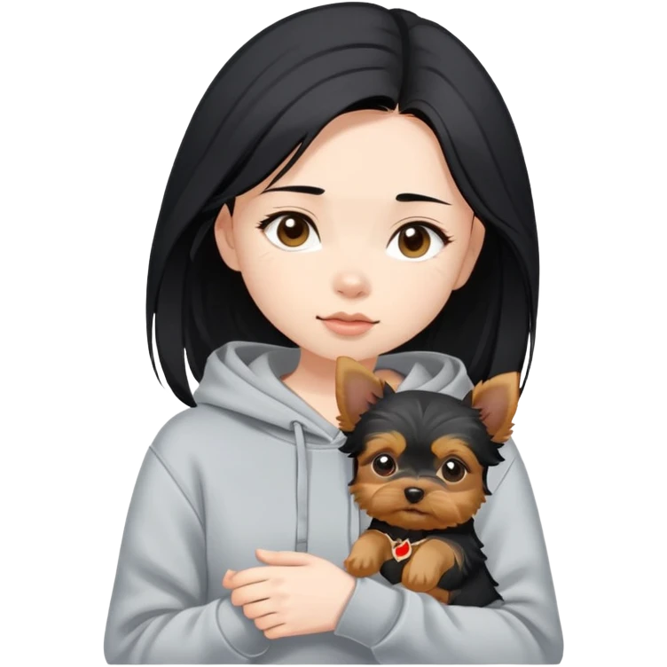 a black-haired asian girl in a gey hoodie with a yorkie puppy emoji
