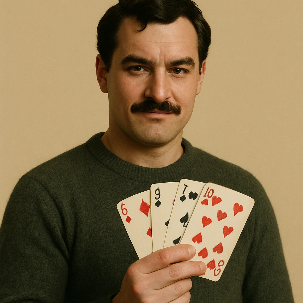 a durak card player, holding playing cards, confident expression, simple background emoji