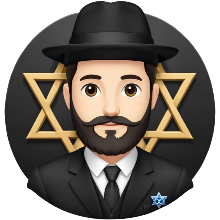 Jewish man, beard, kippah, payot, black hat, black suit, tallit, Star of David. emoji