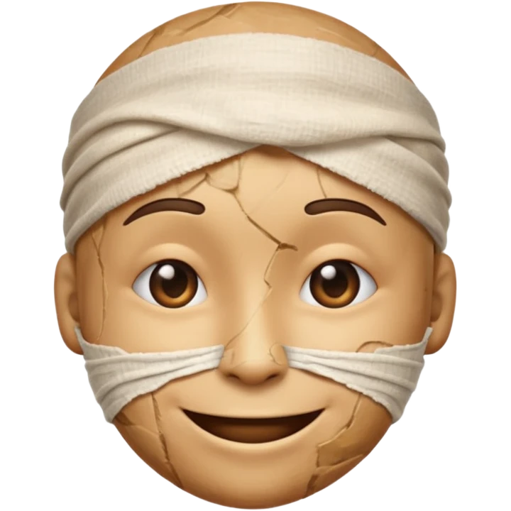 A battered emoji, bandaged head, scratches, but smiling emoji