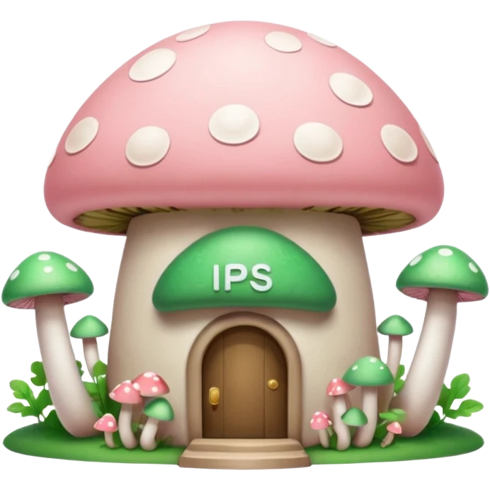 Pale Pink and green cute bank, mushrooms growing around it , clean aesthetic, two P letters on it emoji
